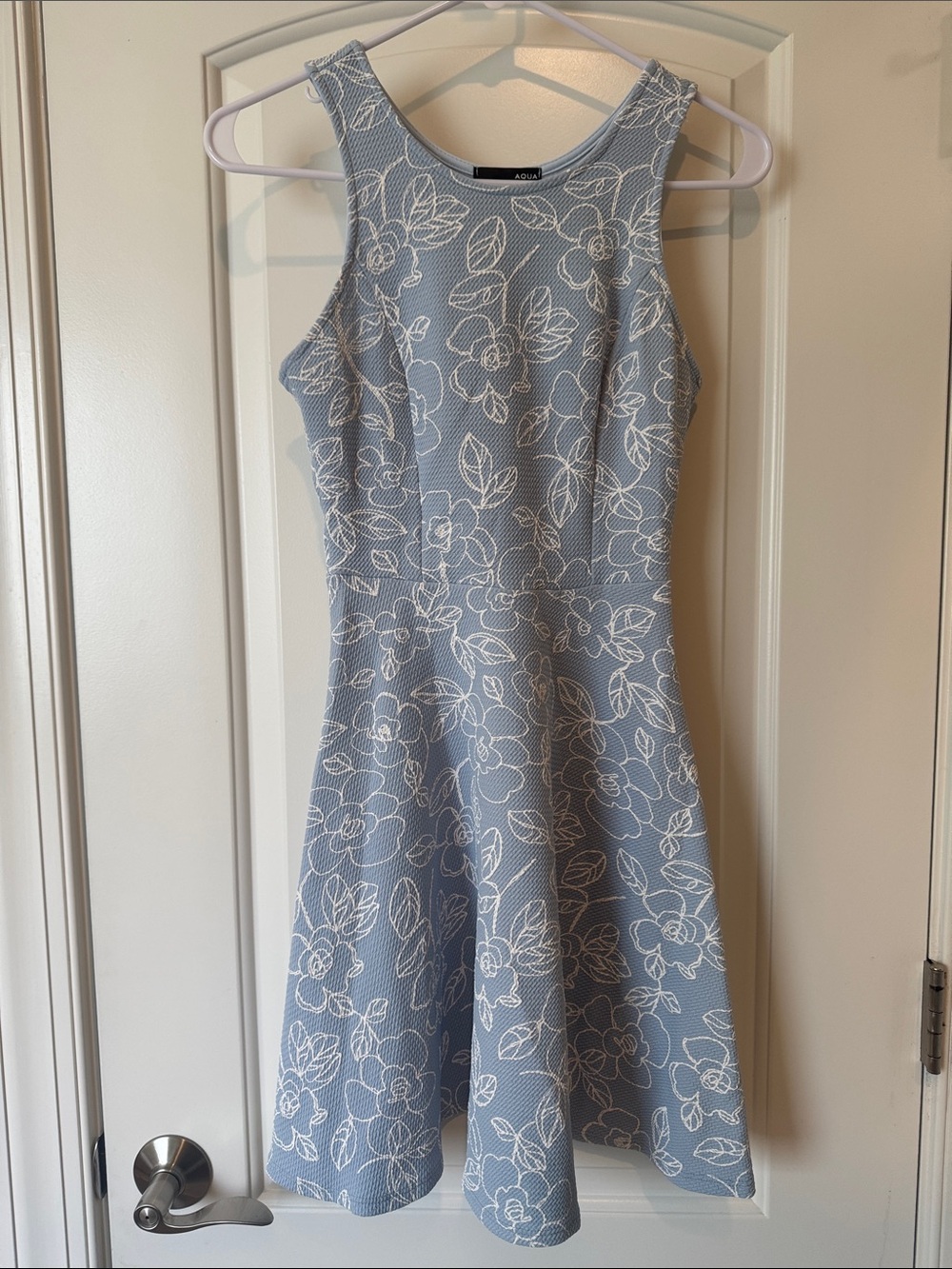 AQUA Floral Fit-and-Flare Dress in Light Blue